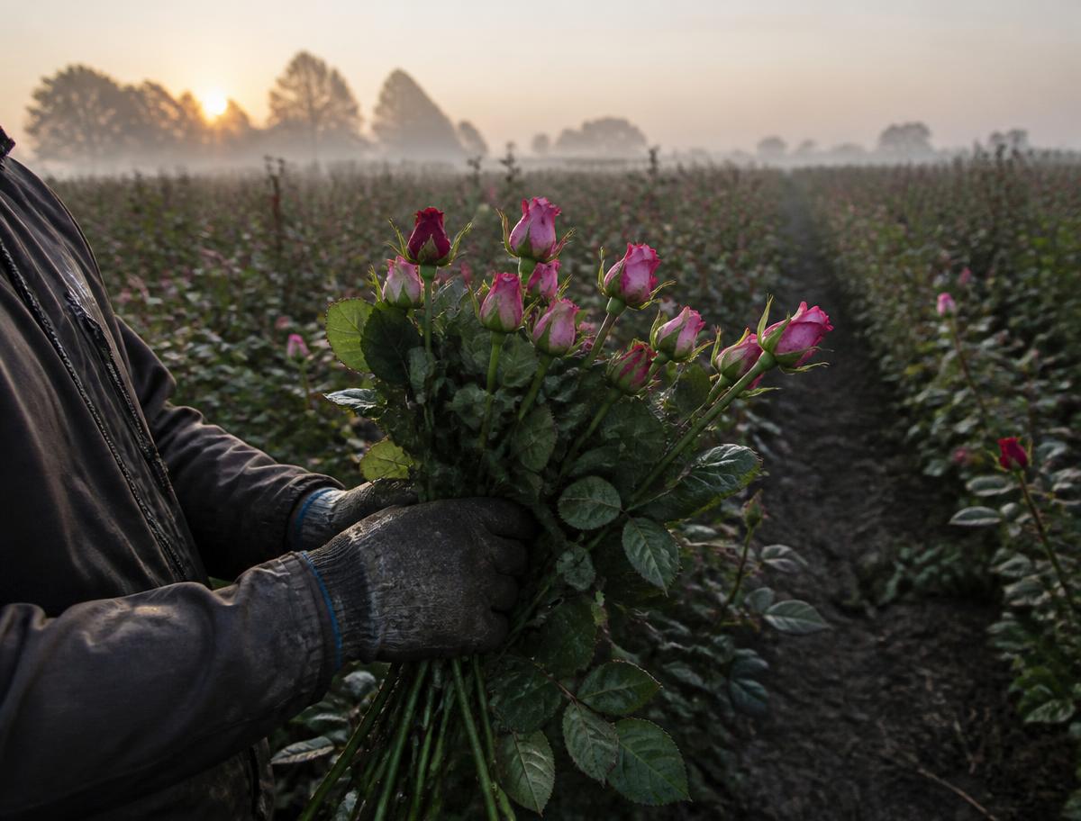 Cultivo de rosas en la sabana de Bogotá al amanecer con flores recién cortadas