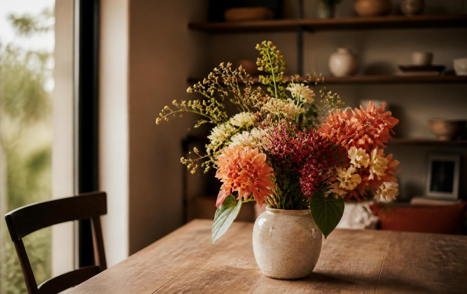 Arreglo de flores colombianas frescas en un florero de cerámica sobre una mesa de madera con luz natural